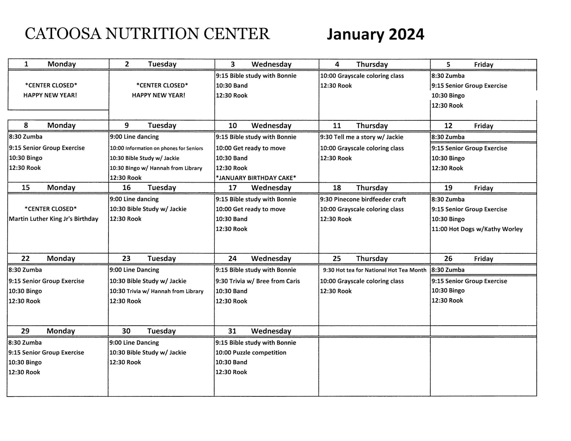 Senior Center January Calander